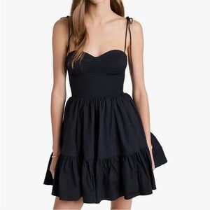 STAUD Mini Landry Smocked Black Mini Dress W/ Tie Straps SIZE L